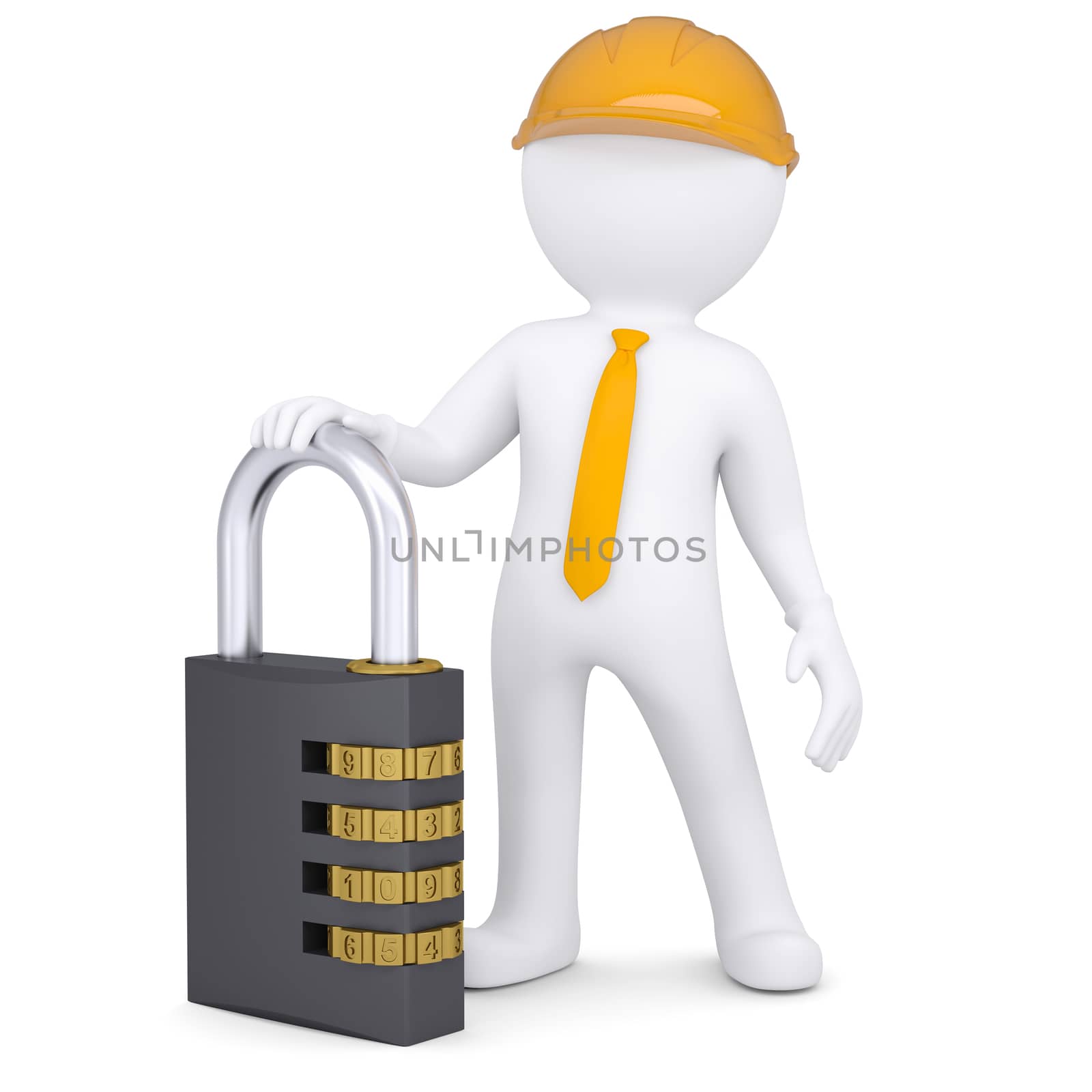 3d man in helmet with the combination lock. Isolated render on a white background