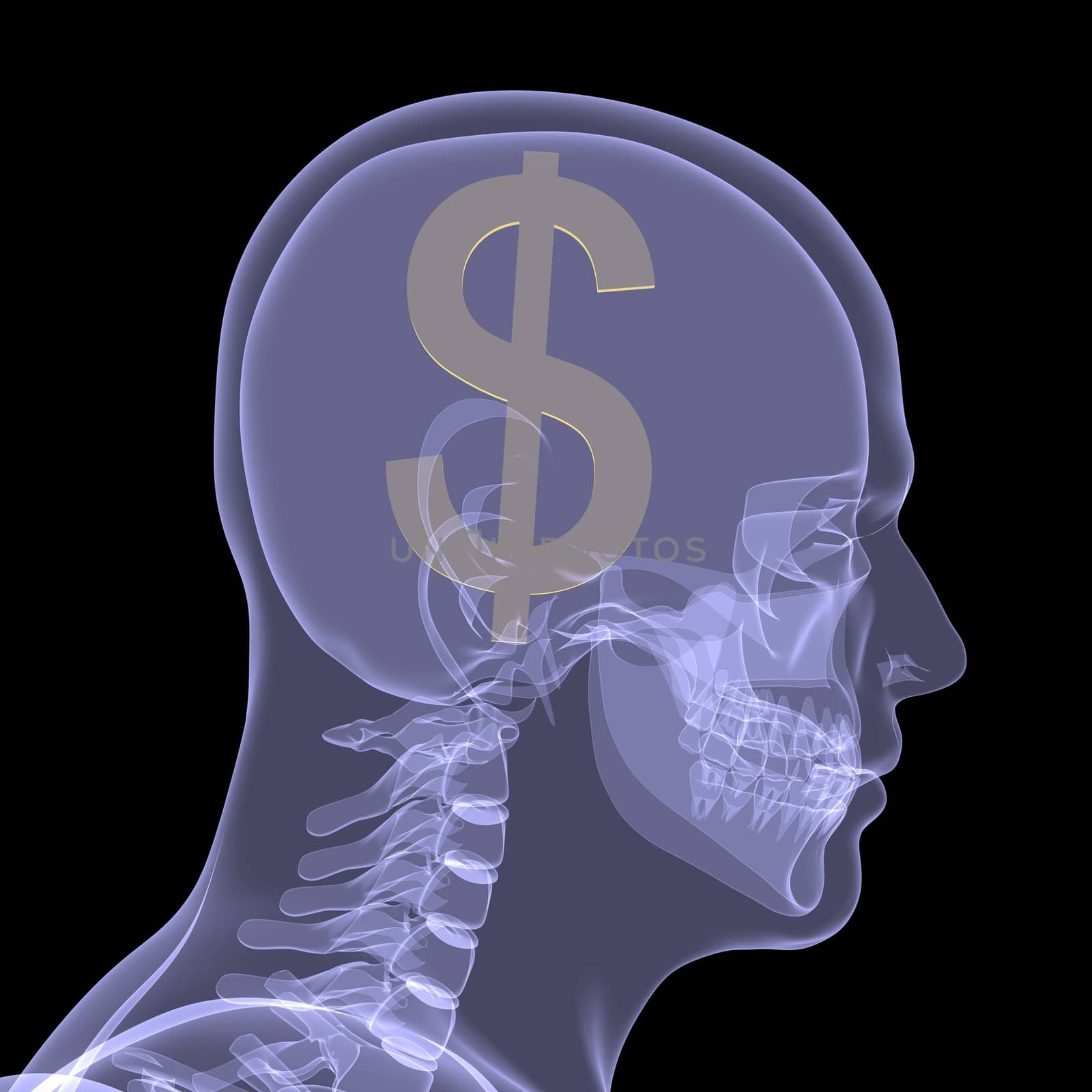 Gold dollar in head. X-ray render isolated on a black background
