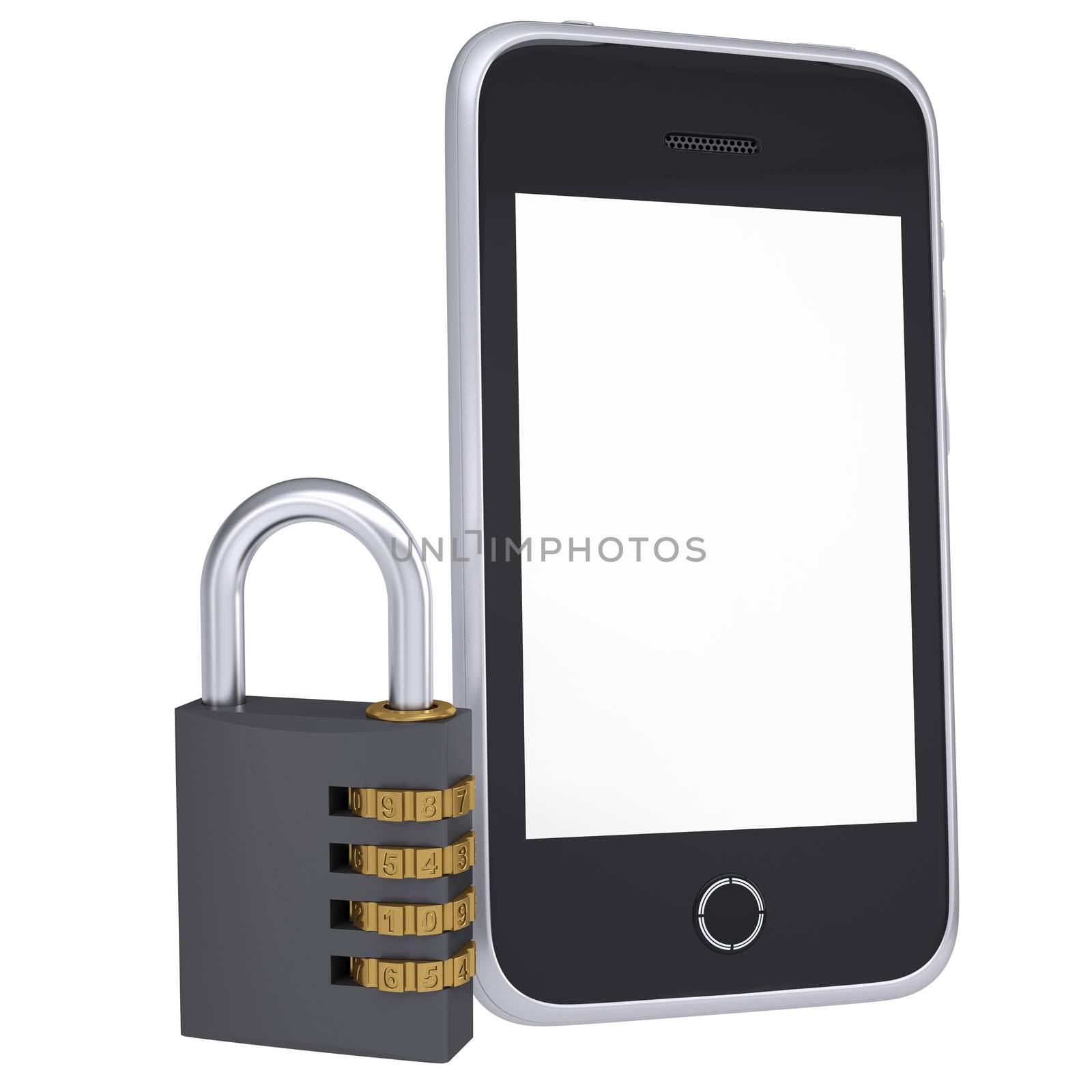 Code lock near smartphone. Isolated render on a white background