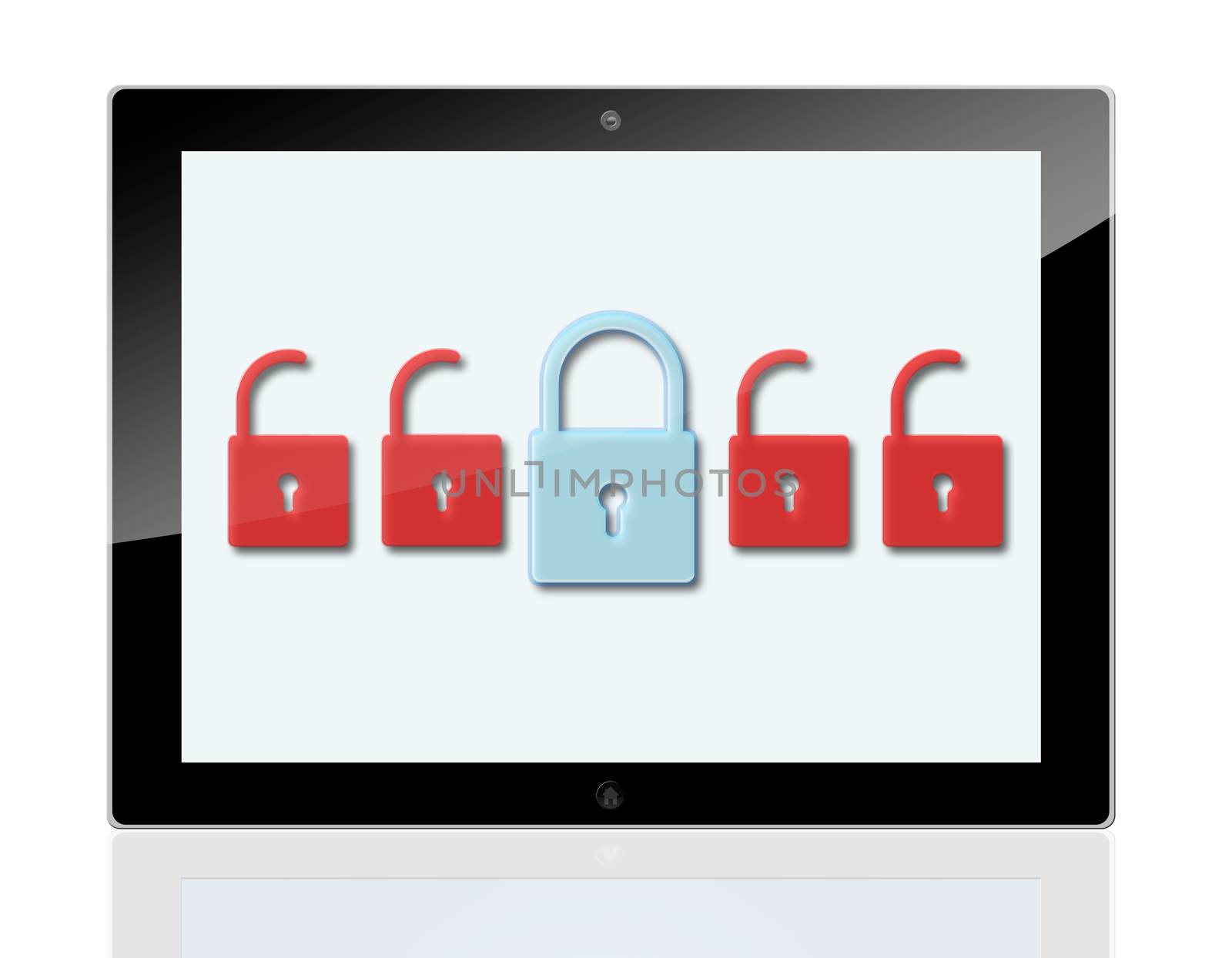security concept - Tablet PC with Locks on white screen 