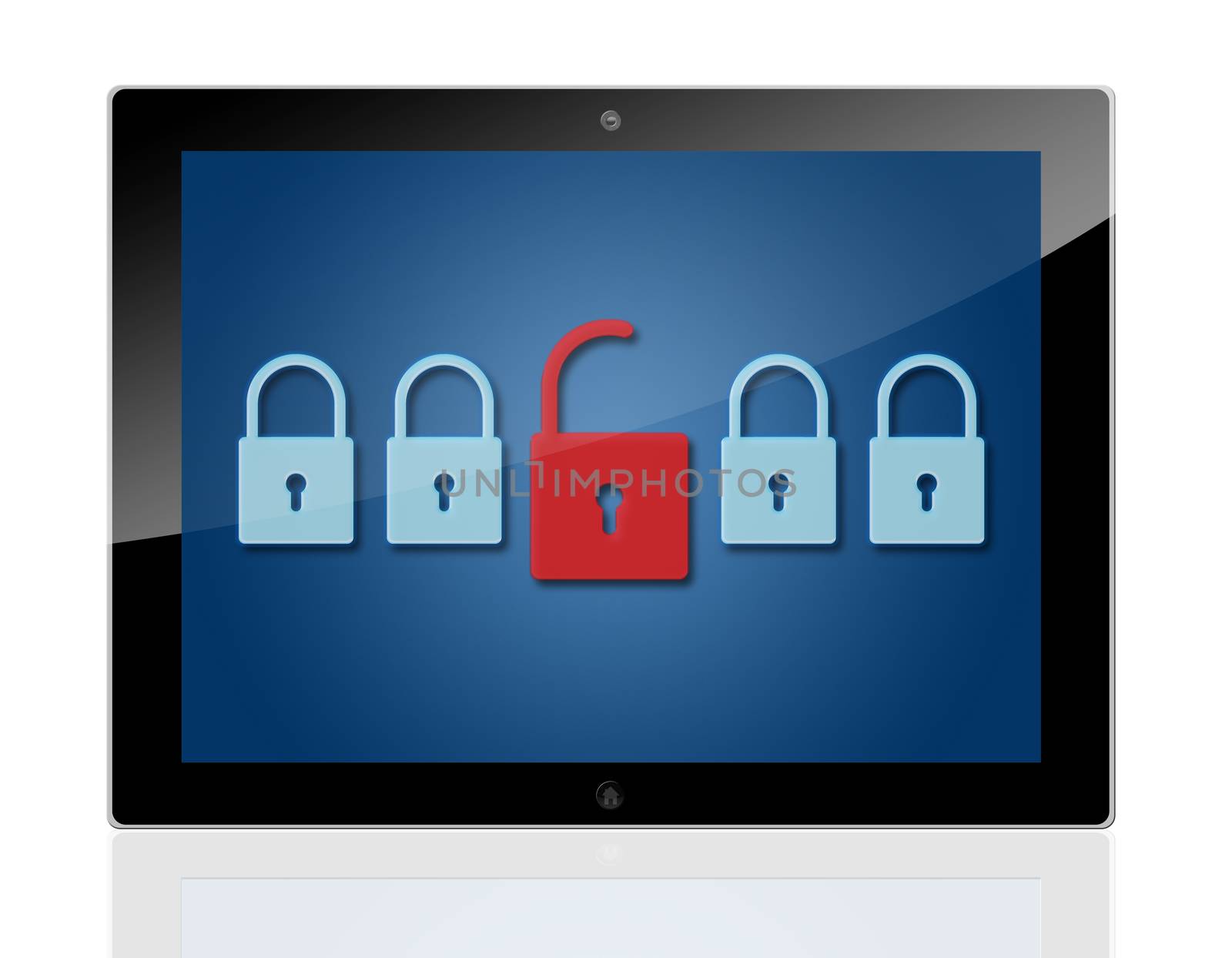 security concept - Tablet PC with Locks on blue screen 