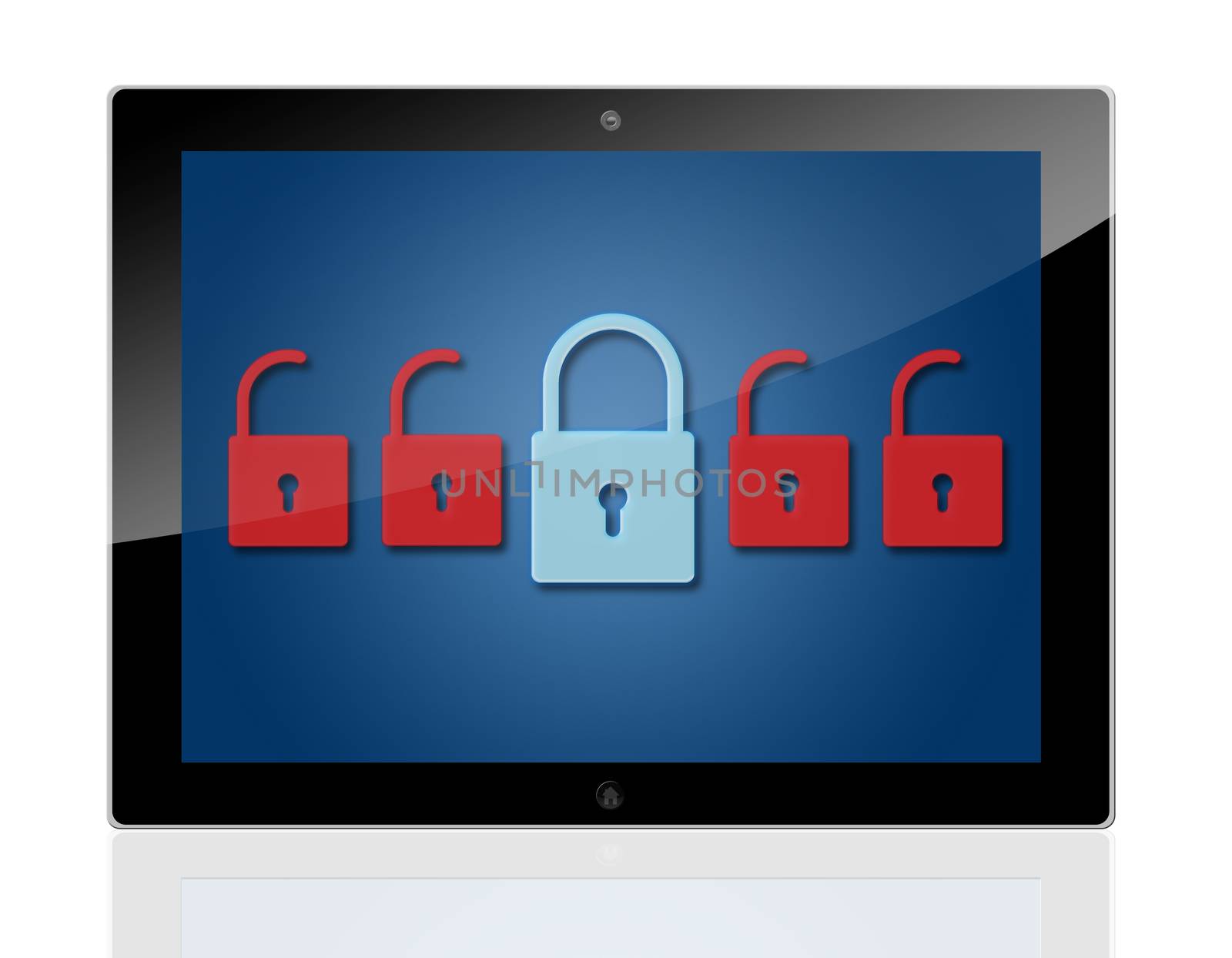 security concept - Tablet PC with Locks on blue screen 