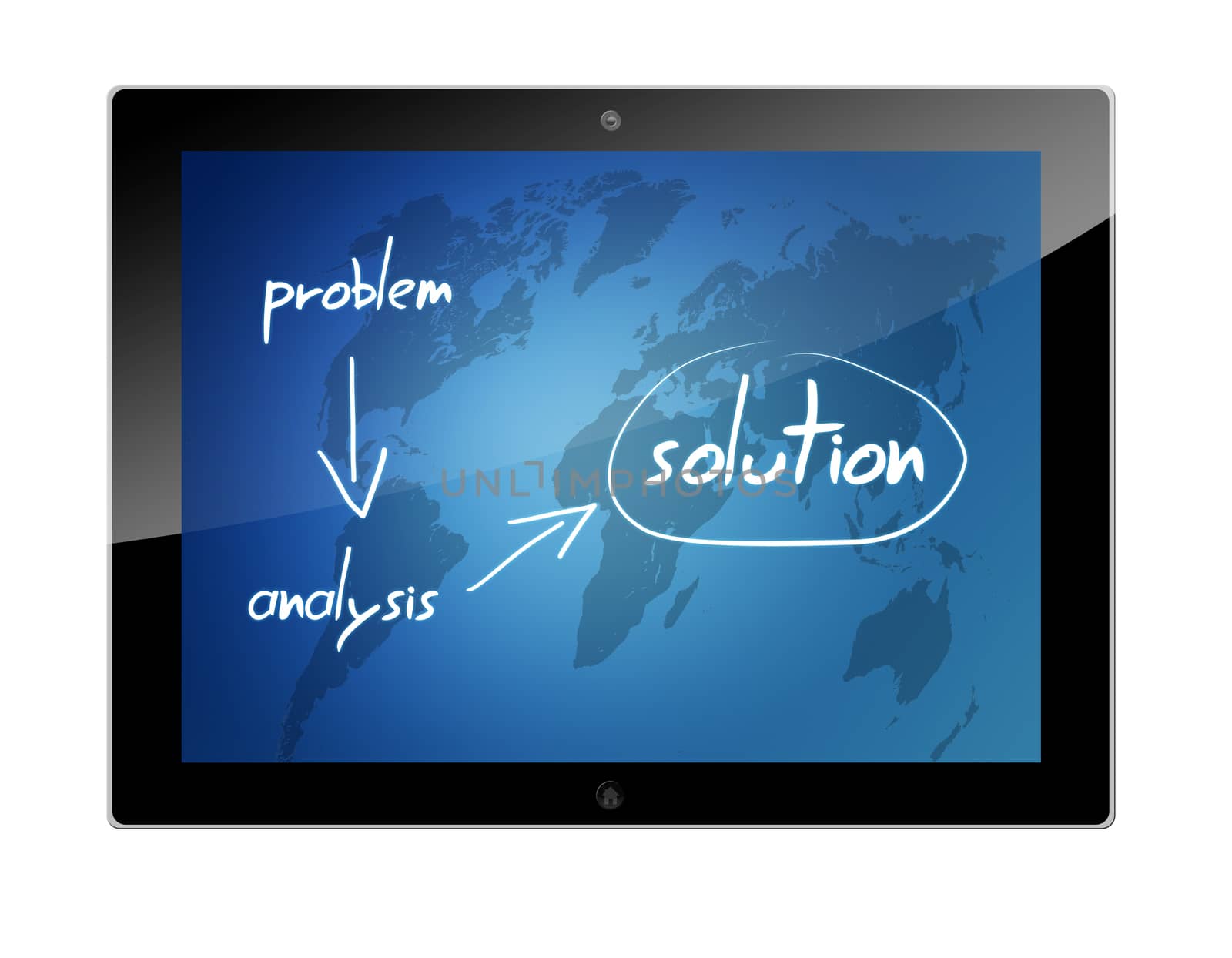 Tablet PC with concept of analysis solving problems and result in solution on blue background with world map