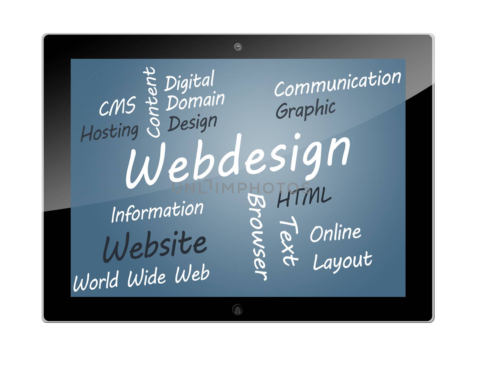 Tablet PC with Webdesign wordcloud concept illustration