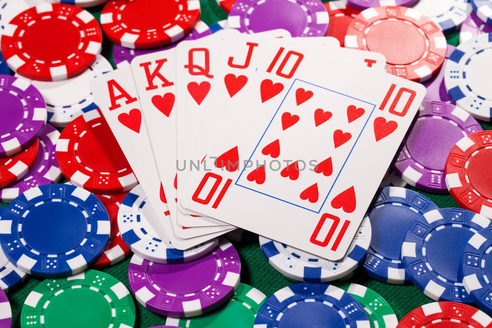 Poker chips and cards closeup on green cloth