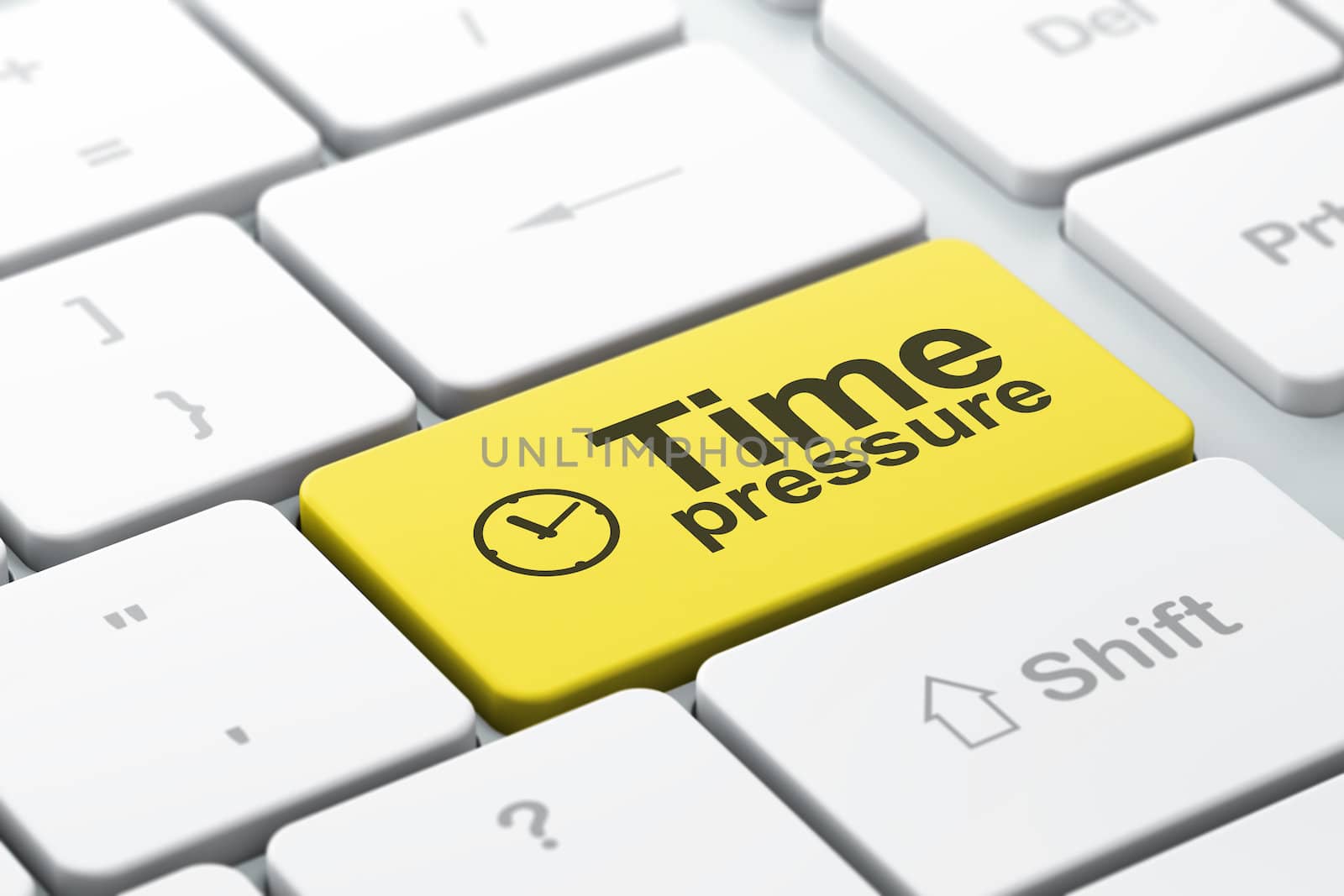 Time concept: computer keyboard with Clock icon and word Time Pressure, selected focus on enter button, 3d render