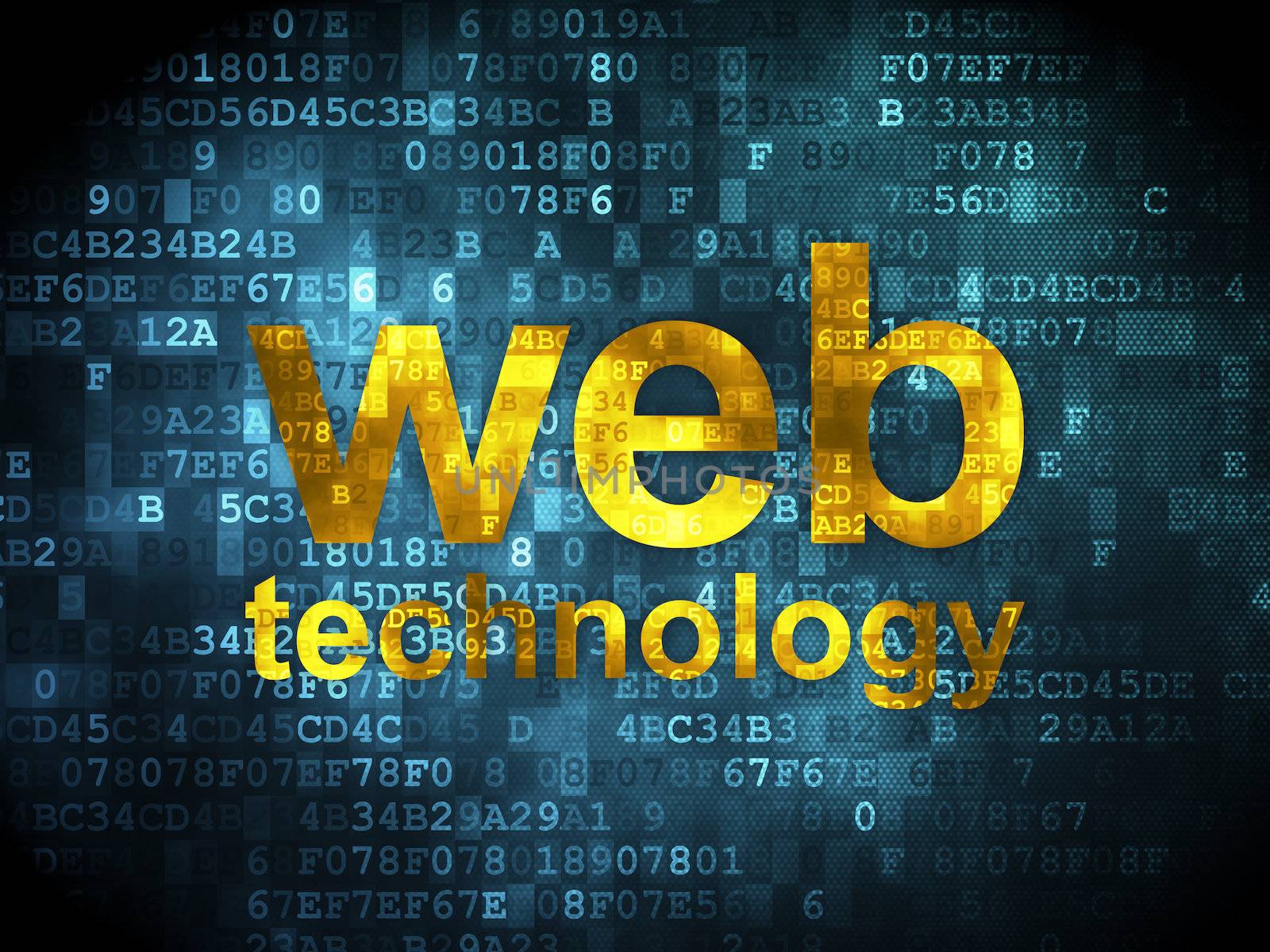 SEO web development concept: pixelated words Web Technology on digital background, 3d render