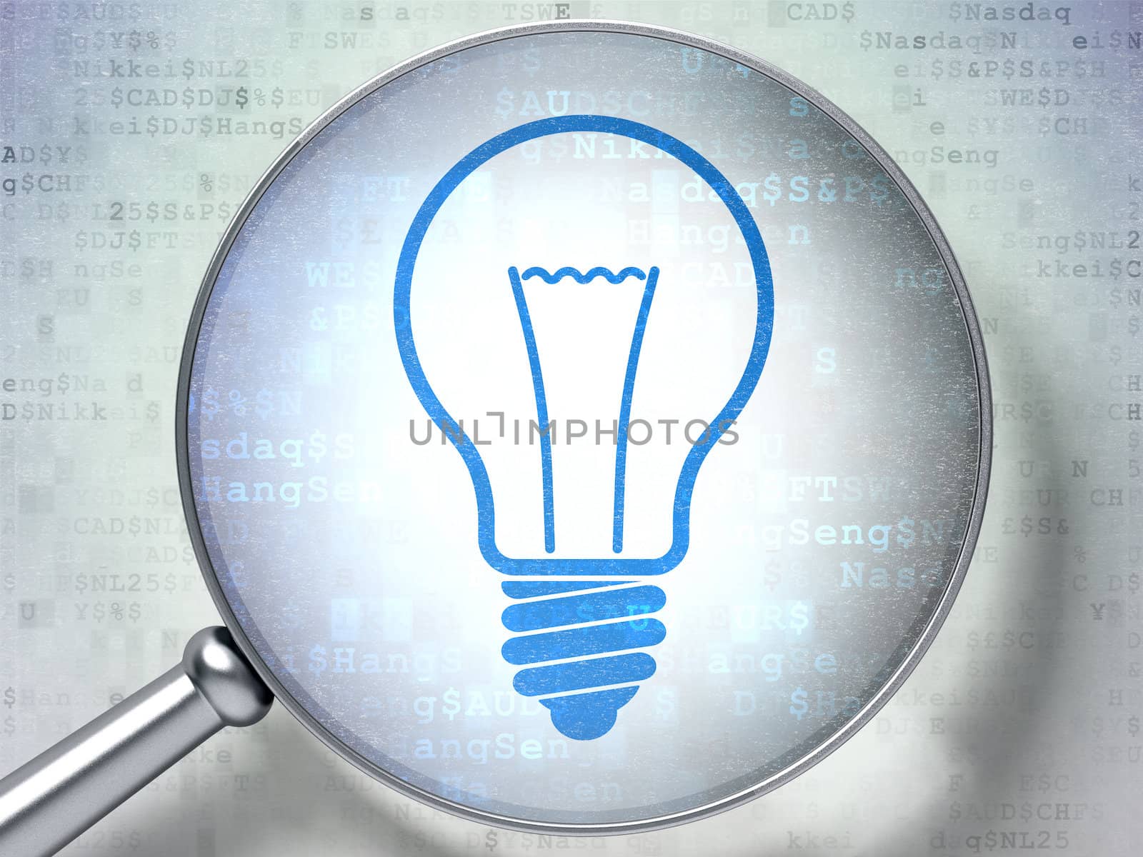 Magnifying optical glass with Light Bulb icon on digital background, 3d render