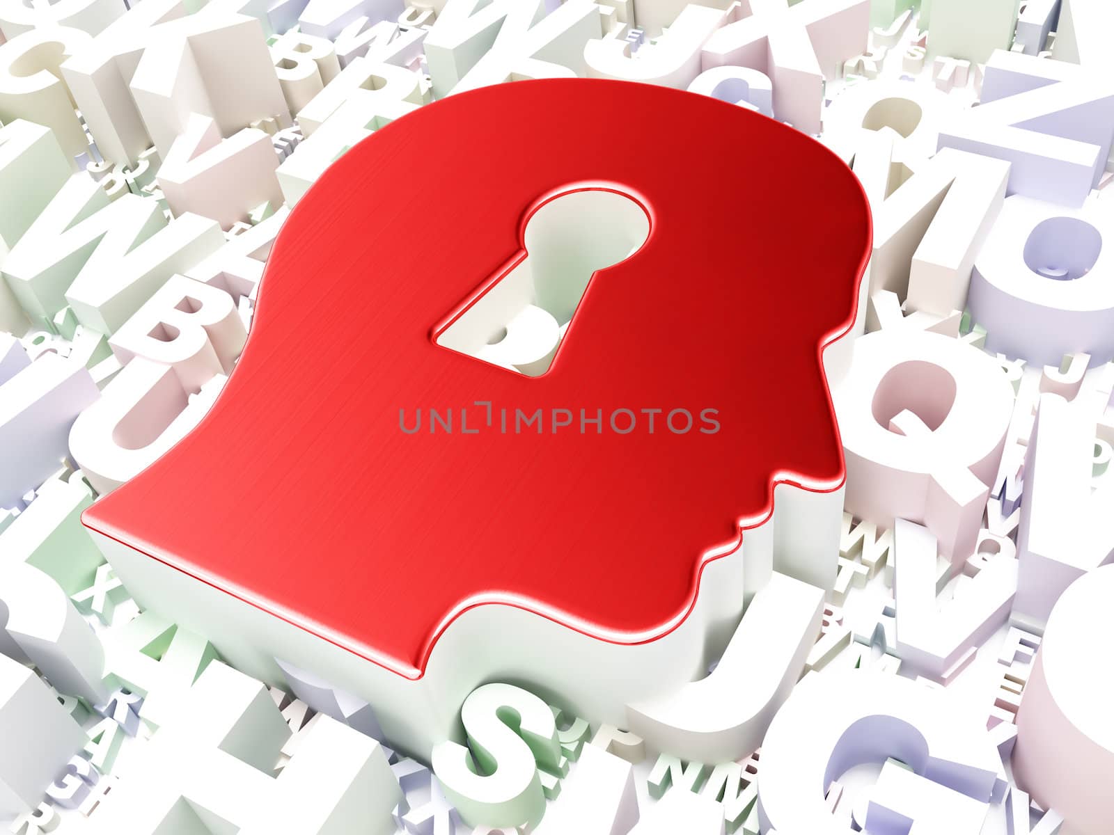 Information concept: Head Whis Keyhole on alphabet background, 3d render