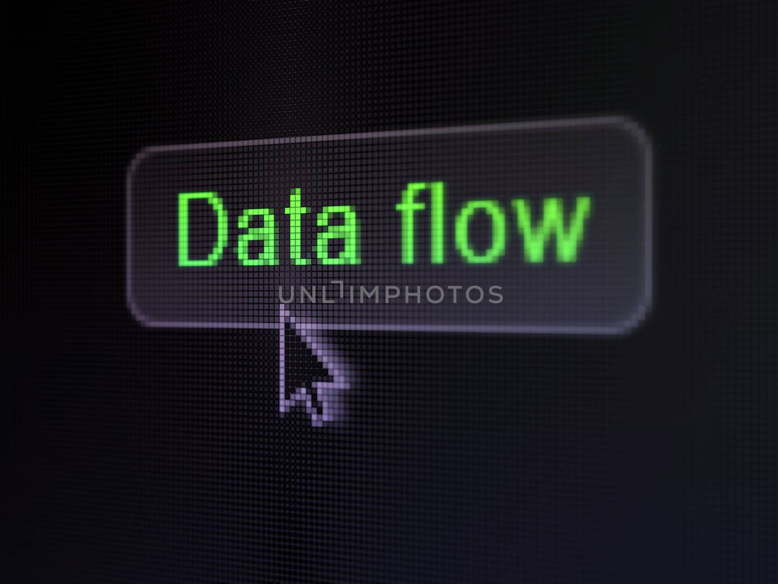 Data concept: pixelated words Data Flow on button whis Arrow cursor on digital computer screen background, selected focus 3d render