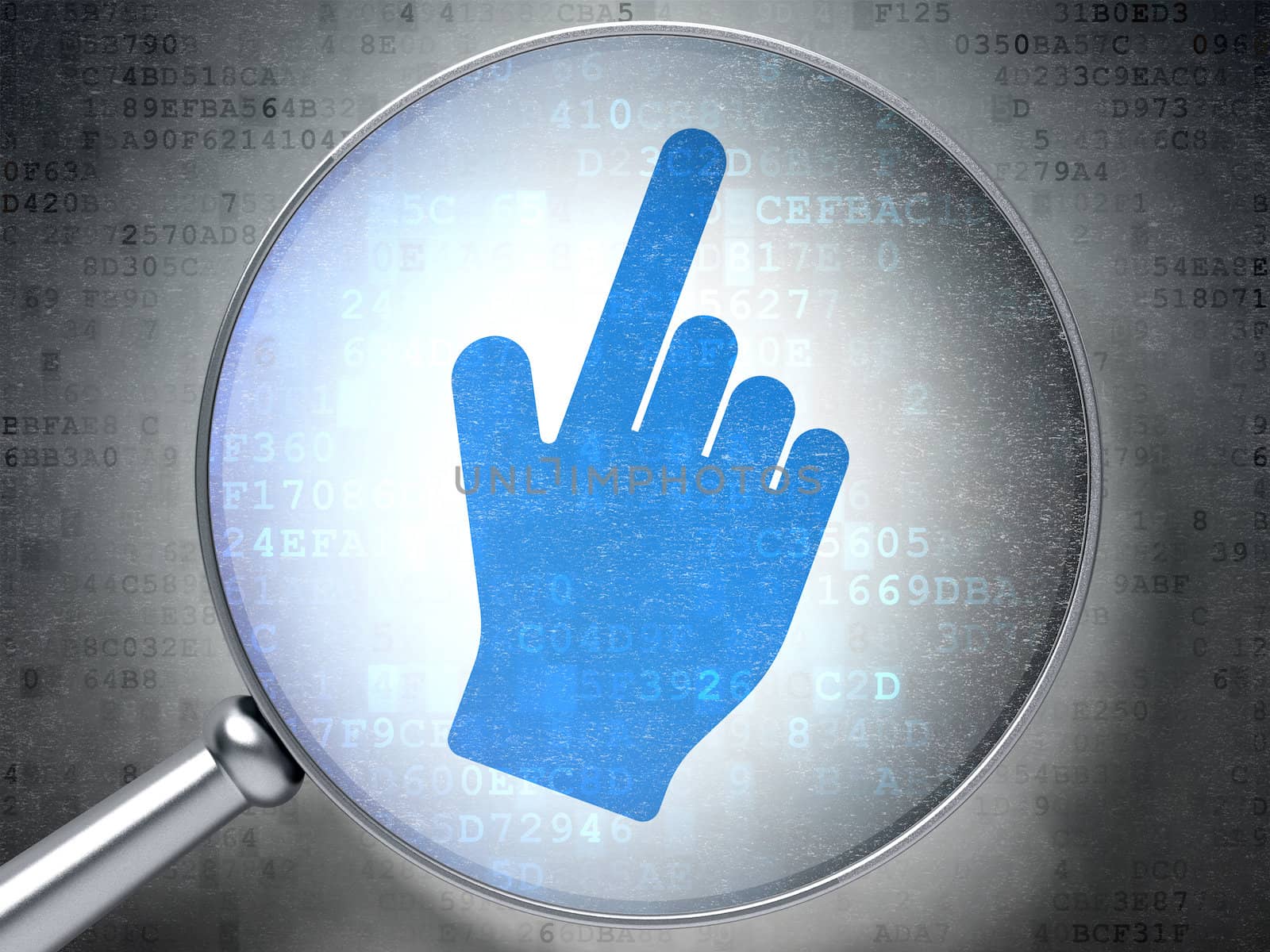 Magnifying optical glass with Mouse Cursor icon on digital background, 3d render