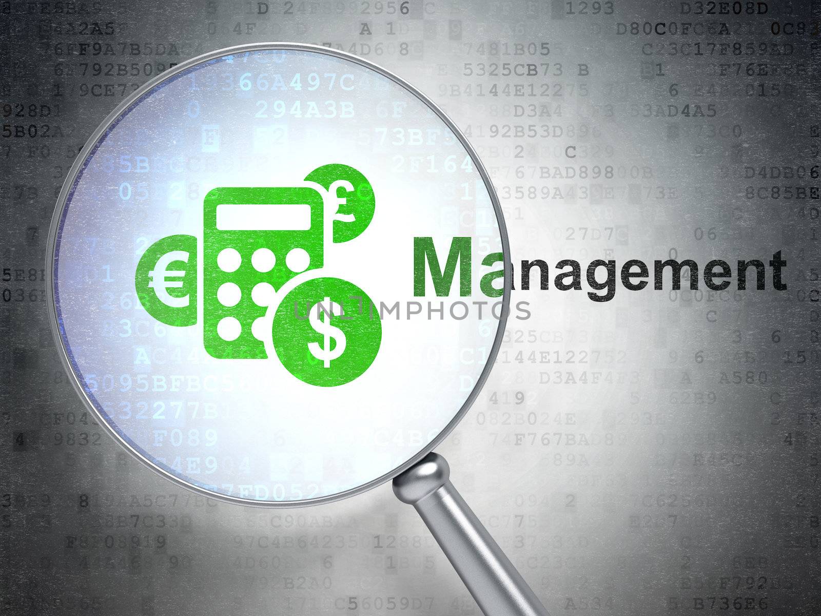 Magnifying optical glass with Calculator icon and Management word on digital background, 3d render