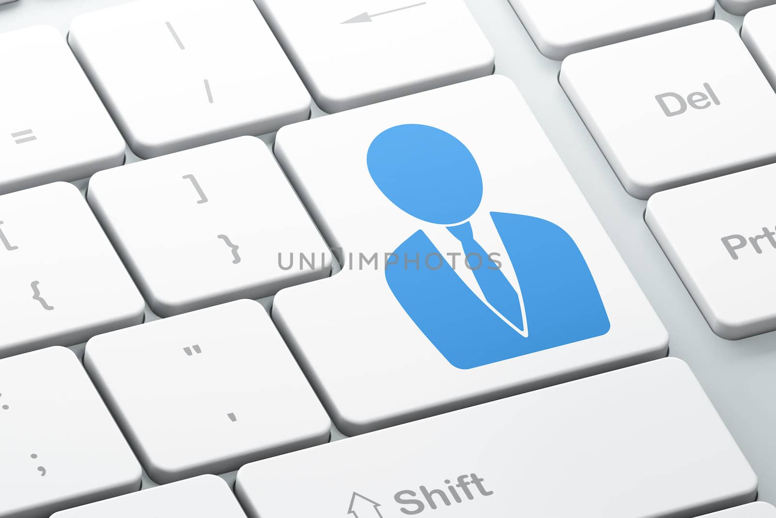 Law concept: Enter button with Business Man on computer keyboard background, 3d render
