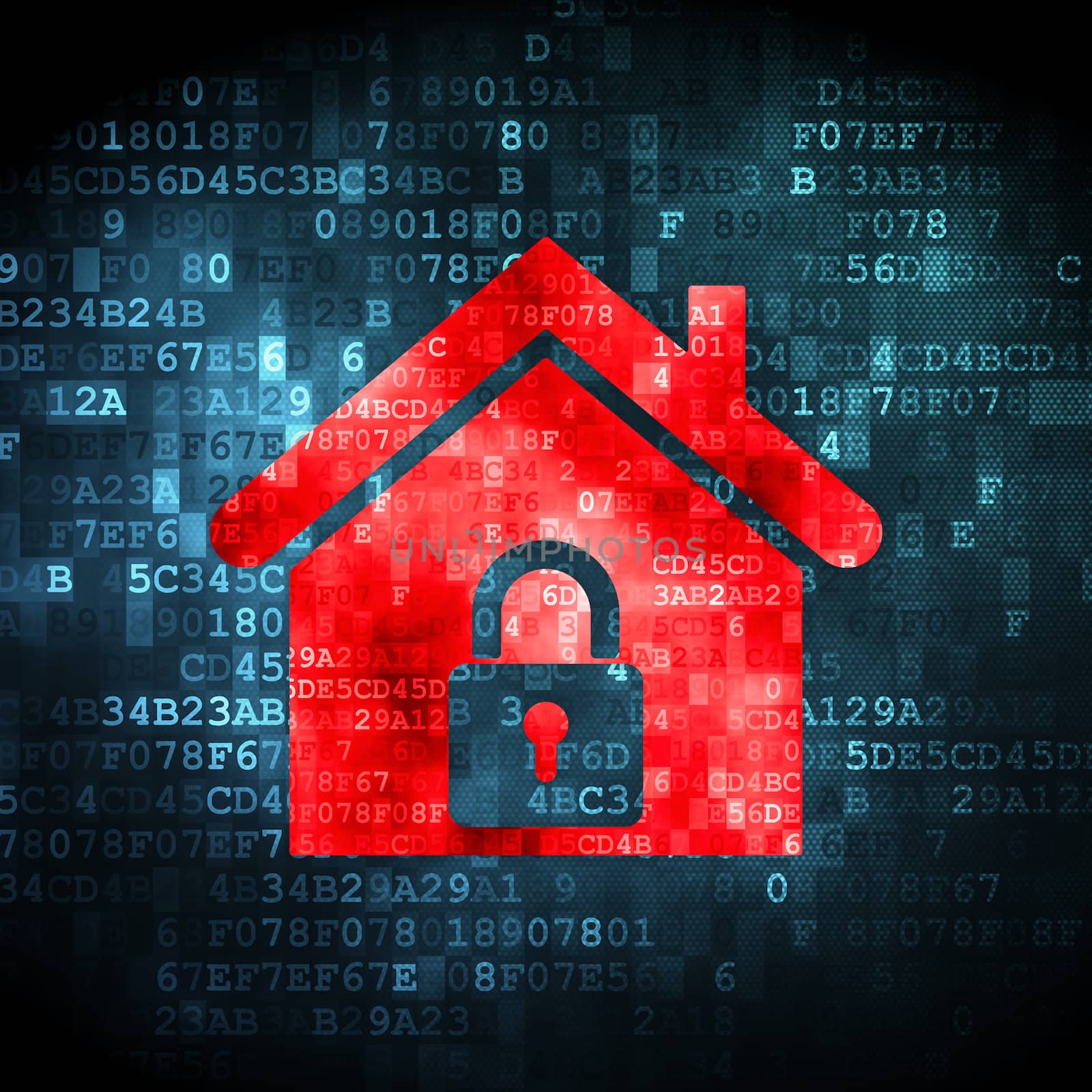 Security concept: pixelated Home icon on digital background, 3d render