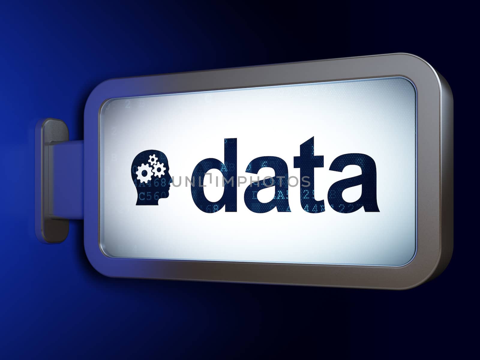 Information concept: Data and Head With Gears on advertising billboard background, 3d render