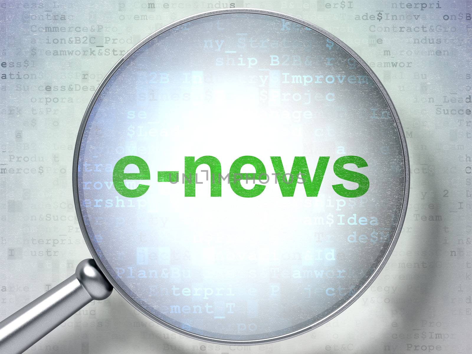 Magnifying optical glass with words E-news on digital background, 3d render