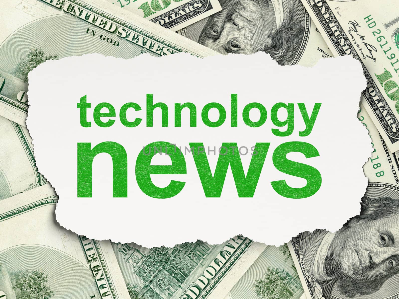 News concept: torn paper with words Technology News on Money background, 3d render