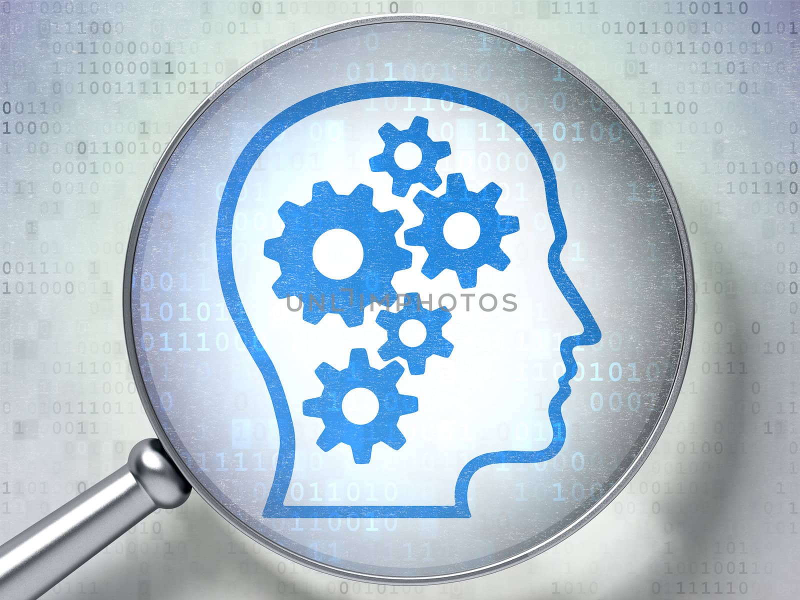 Magnifying optical glass with Head With Gears icon on digital background, 3d render