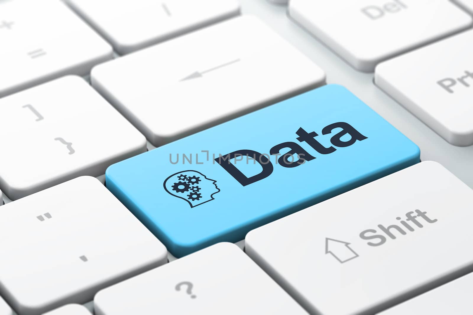 Data concept: computer keyboard with Head With Gears icon and word Data, selected focus on enter button, 3d render