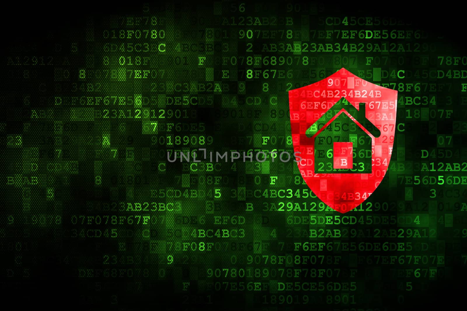 Safety concept: pixelated Shield icon on digital background, empty copyspace for card, text, advertising, 3d render