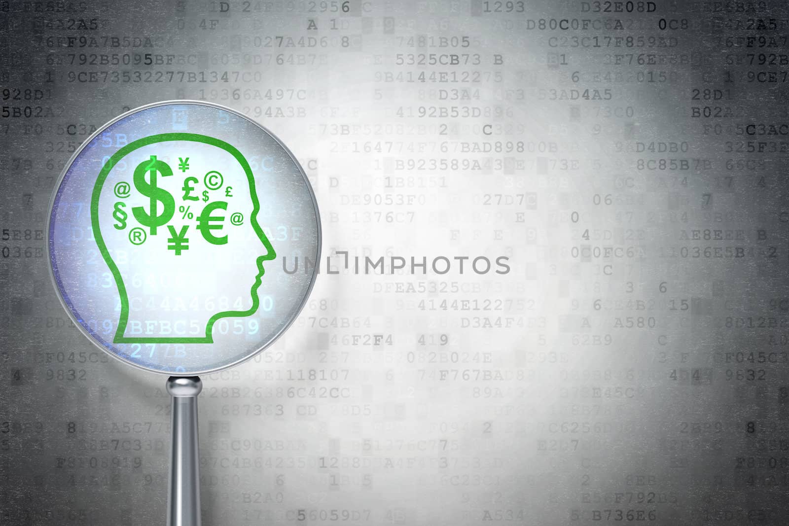 Magnifying optical glass with Finance Symbol icon on digital background, empty copyspace for card, text, advertising, 3d render