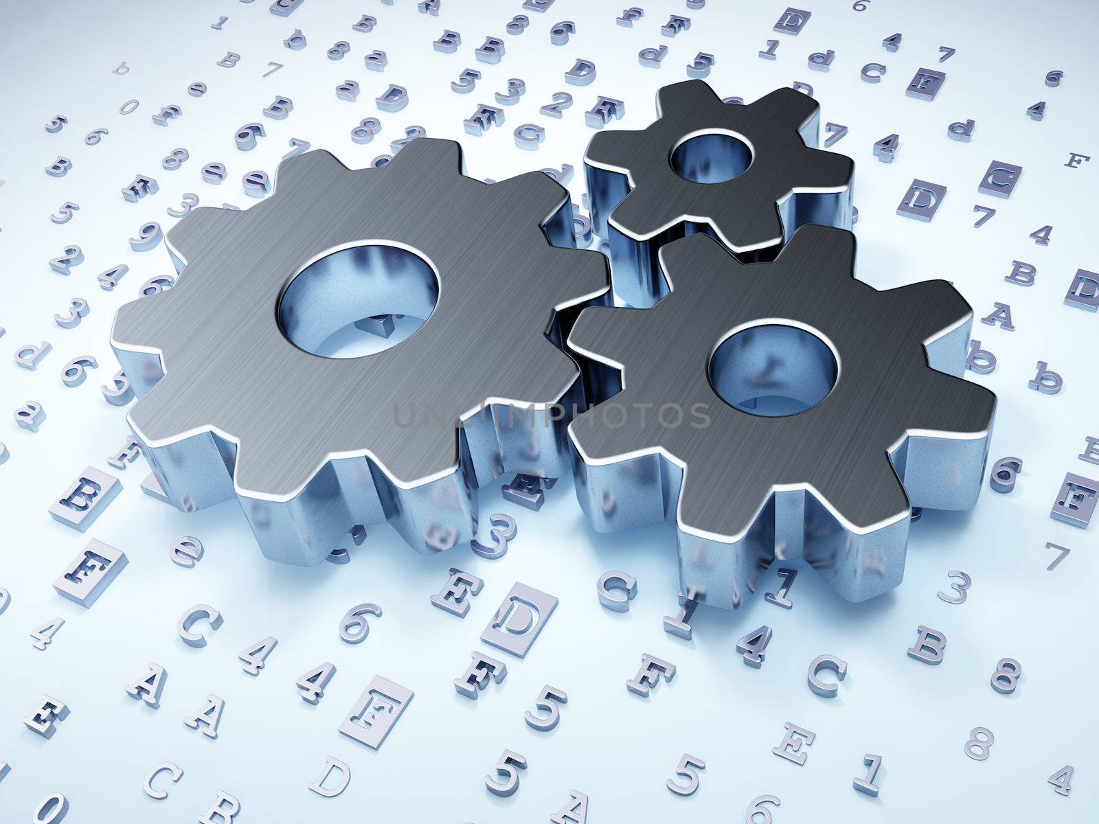 Marketing concept: Silver Gears on digital background, 3d render