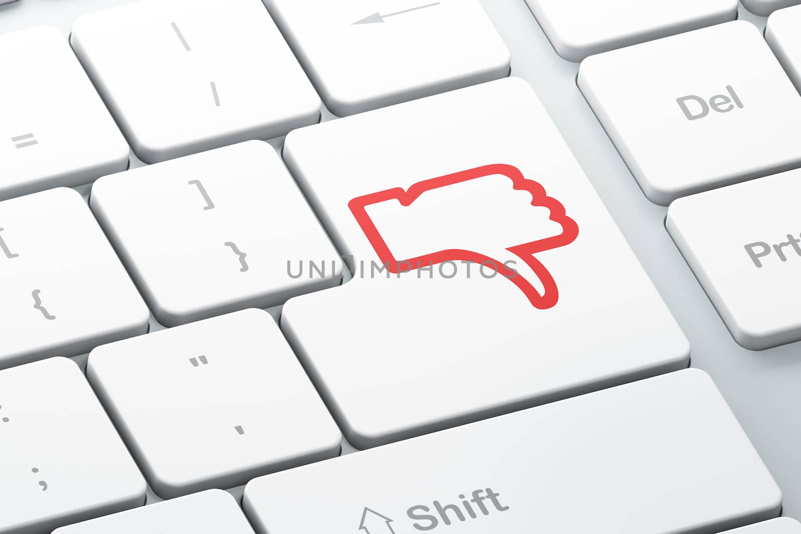 Social network concept: Enter button with Unlike on computer keyboard background, 3d render