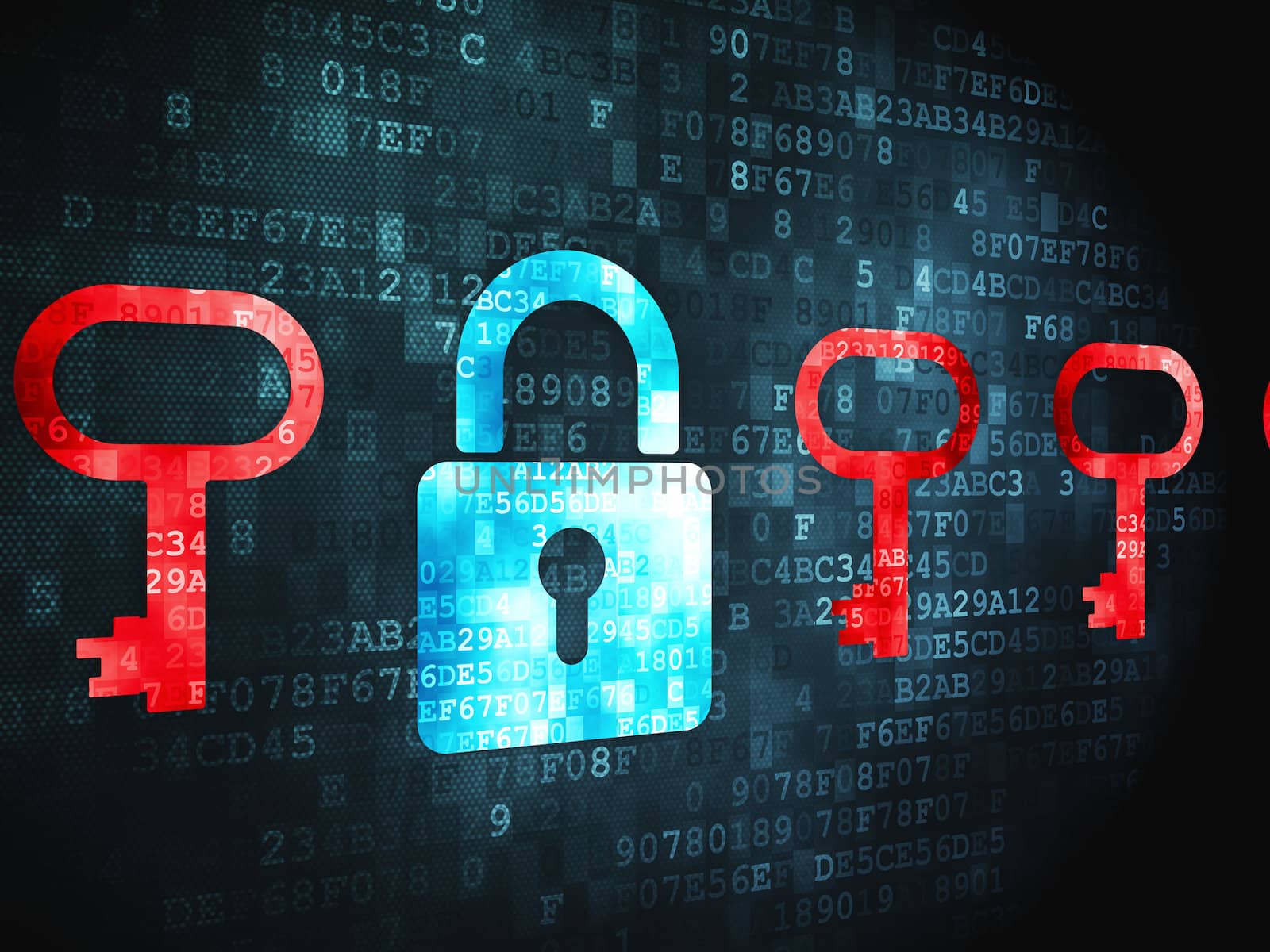 Privacy concept: pixelated Padlock And Key icon on digital background, 3d render