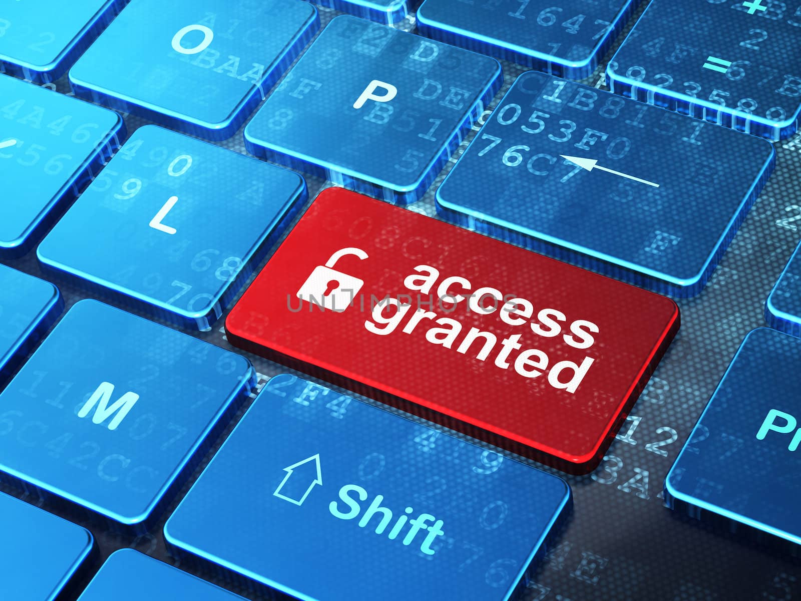 Security concept: computer keyboard with Opened Padlock icon and word Access Granted on enter button background, 3d render