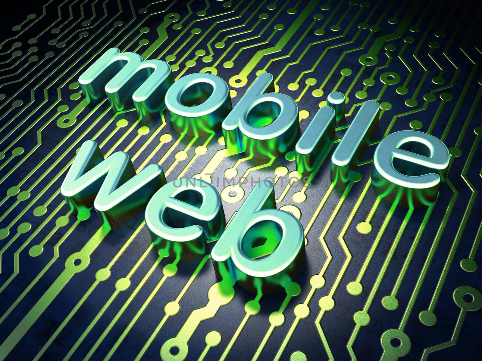 SEO web development concept: circuit board with word Mobile Web, 3d render