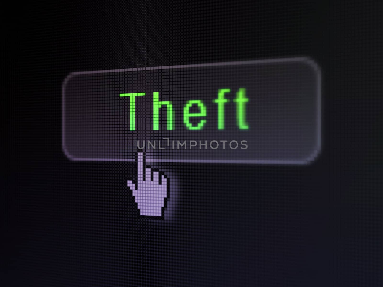 Protection concept: pixelated words Theft on button whis Hand cursor on digital computer screen background, selected focus 3d render