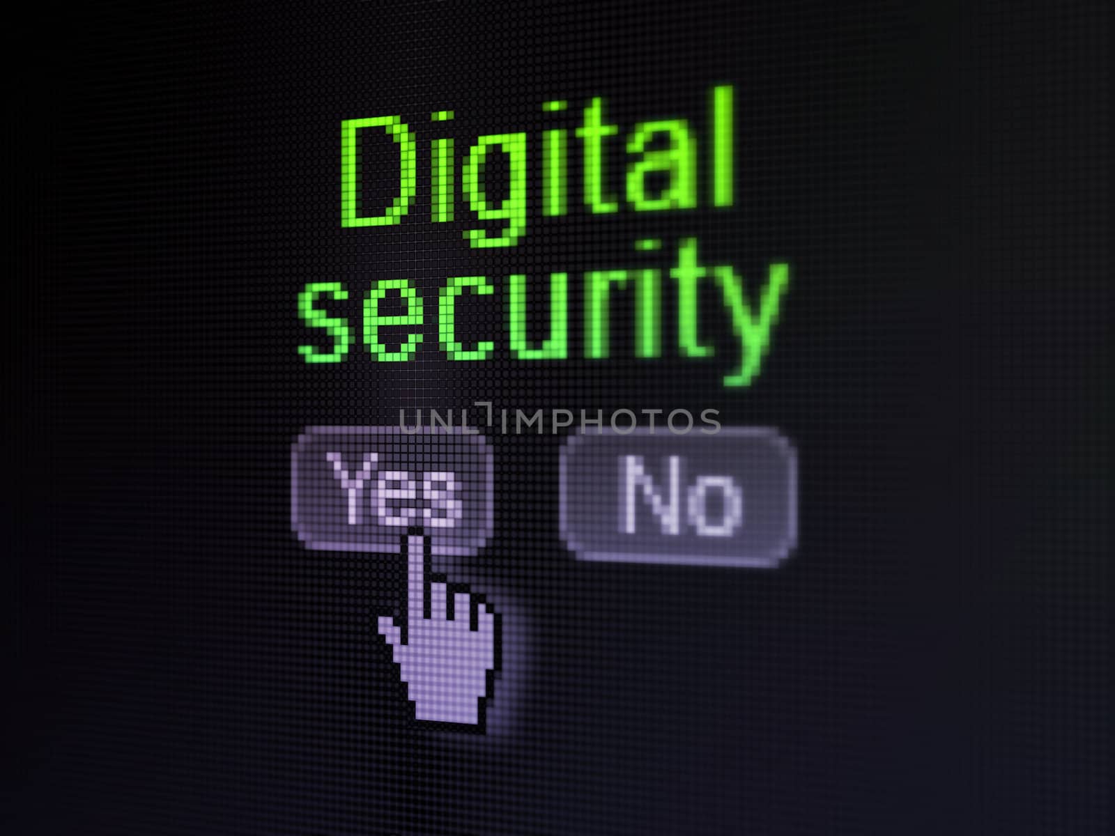 Protection concept: buttons yes and no with pixelated word Digital Security and Hand cursor on digital computer screen, 3d render