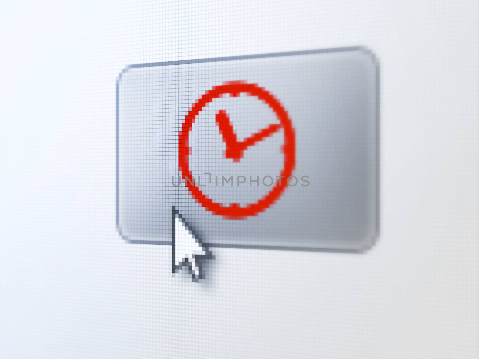 Time concept: pixelated Clock on button with Arrow cursor on digital computer screen, selected focus 3d render