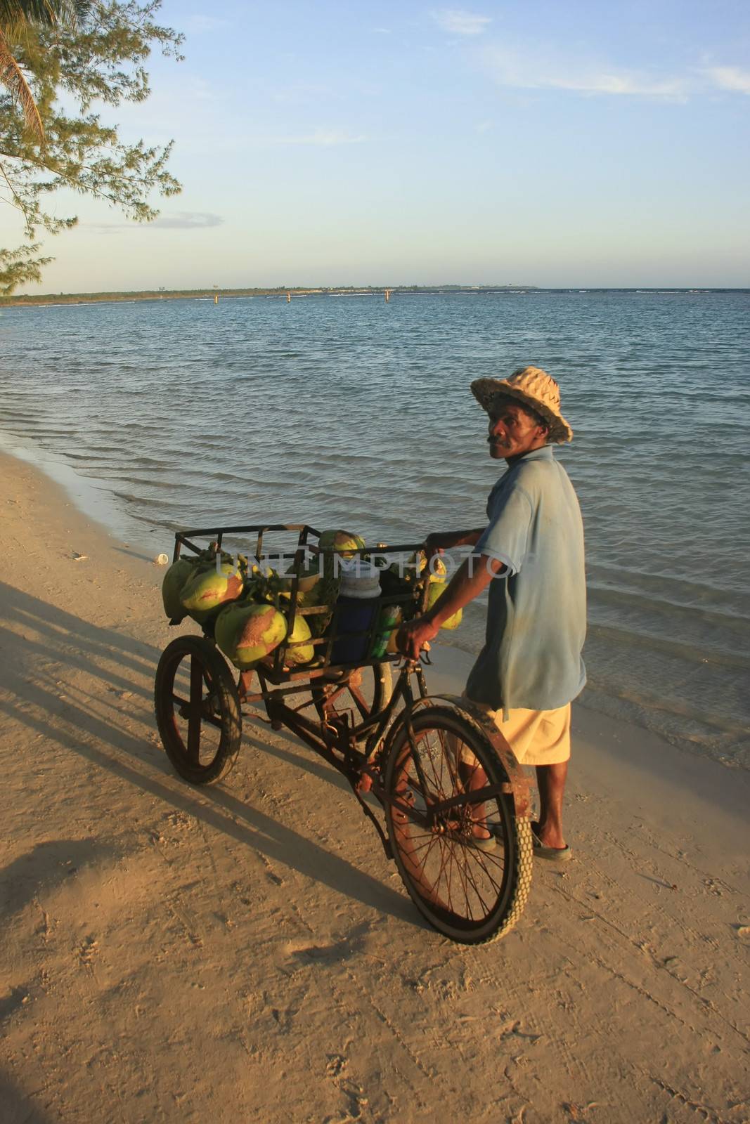 Local man selling coconuts at Boca Chica beach, Dominican Republic