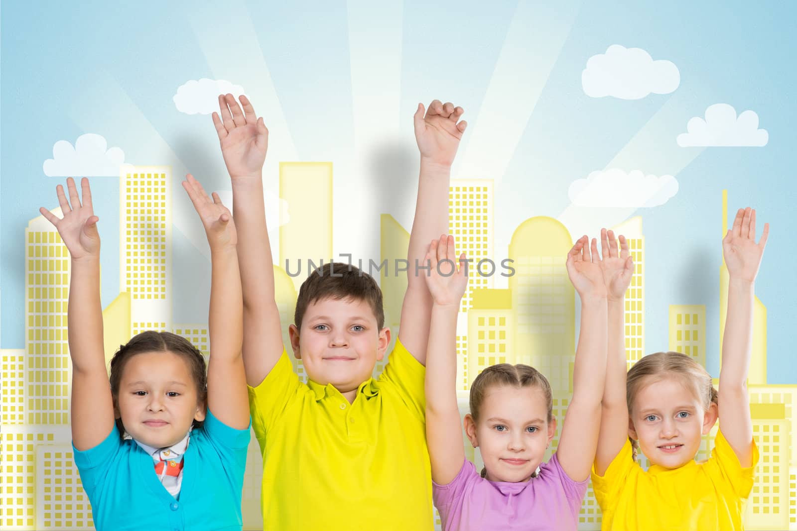 children stand in a row and hands up