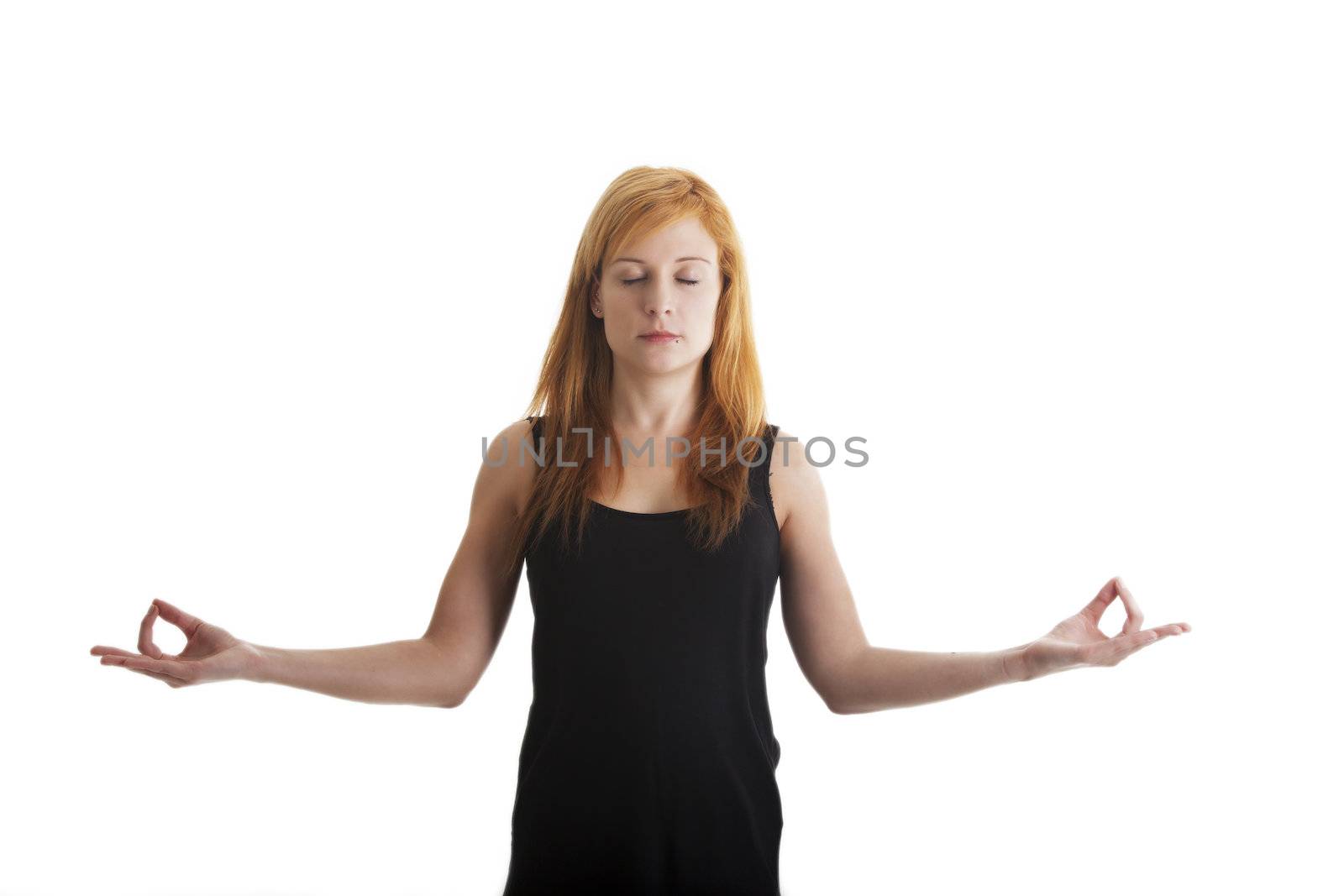 woman meditating on white background by bernjuer