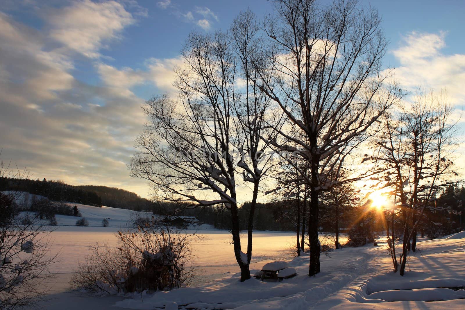 sunet at winter with snow , near iced lake.