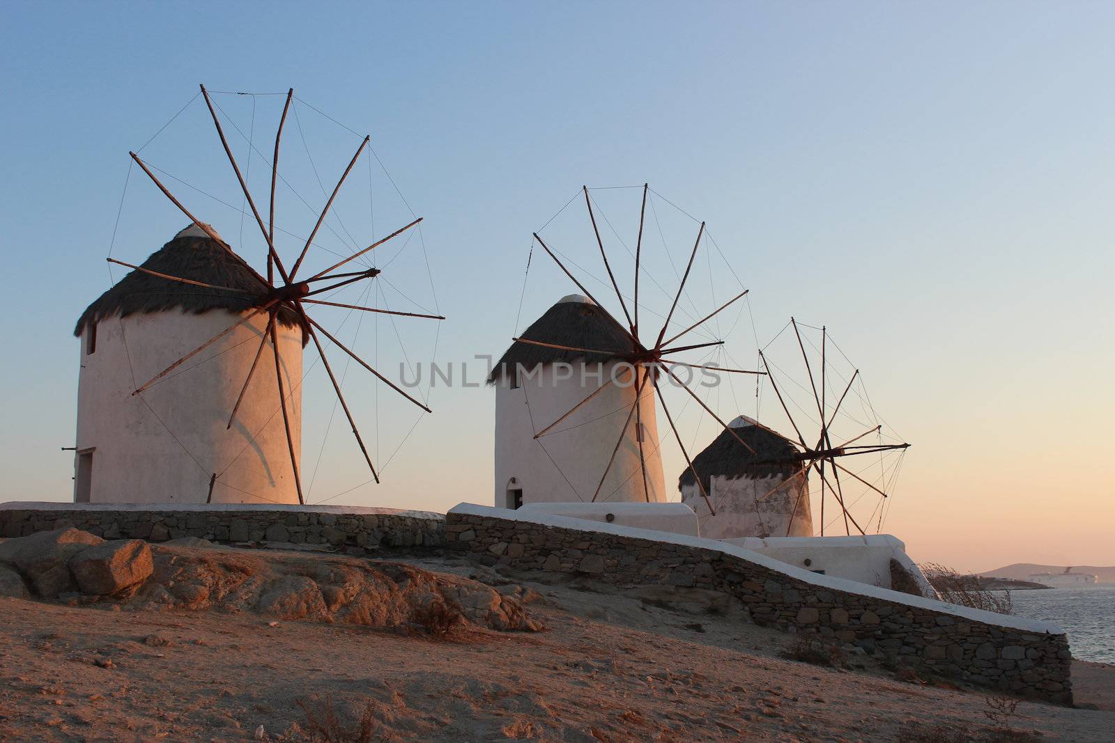 three windmills at Mykonos, Greece.