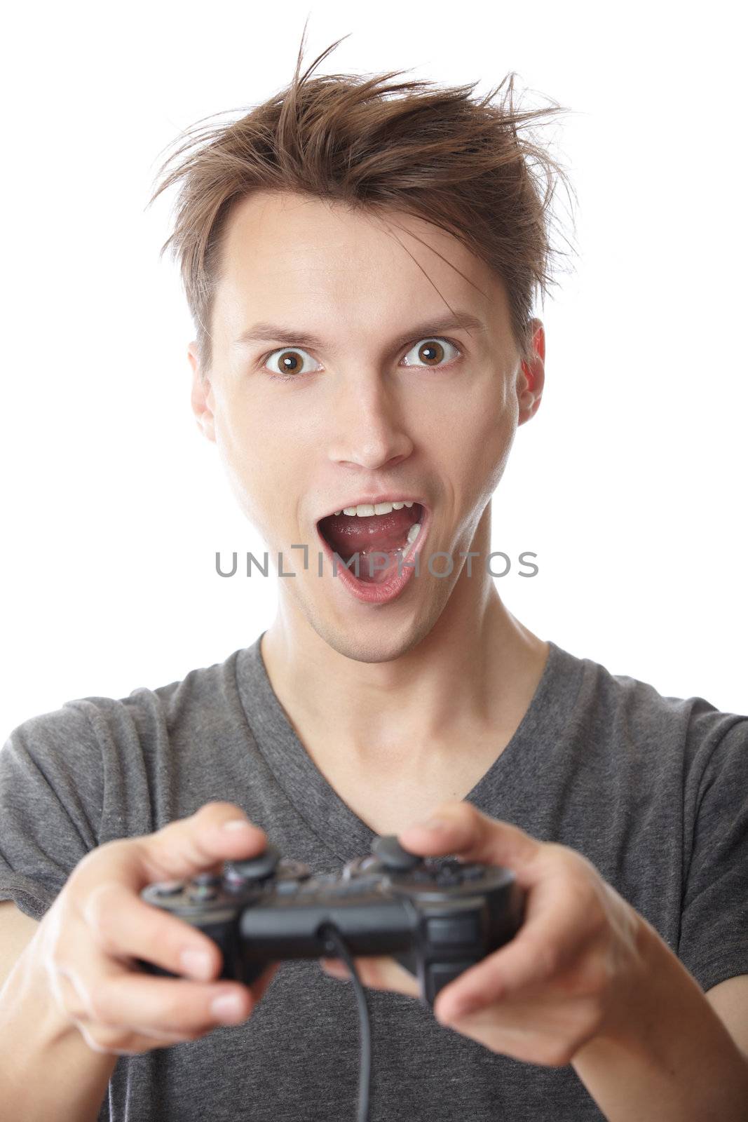 Man playing computer game and using joystick on a white background