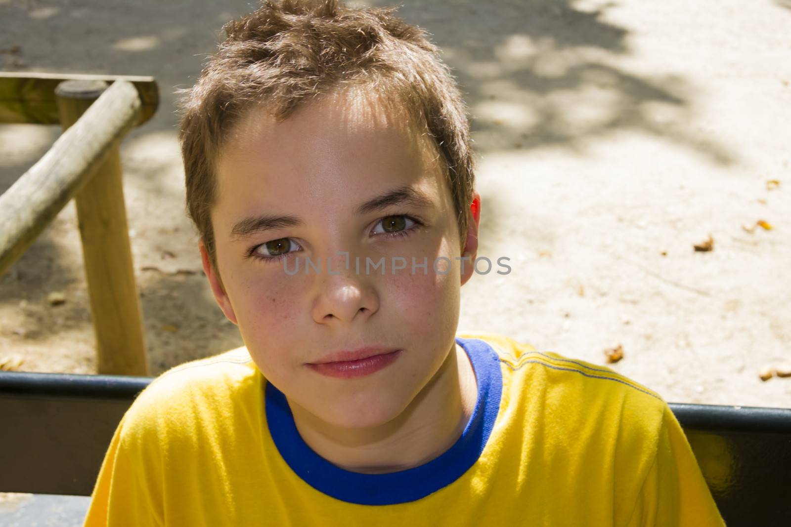 Cute boy smiling at camera in the park on a sunny day by Tetyana