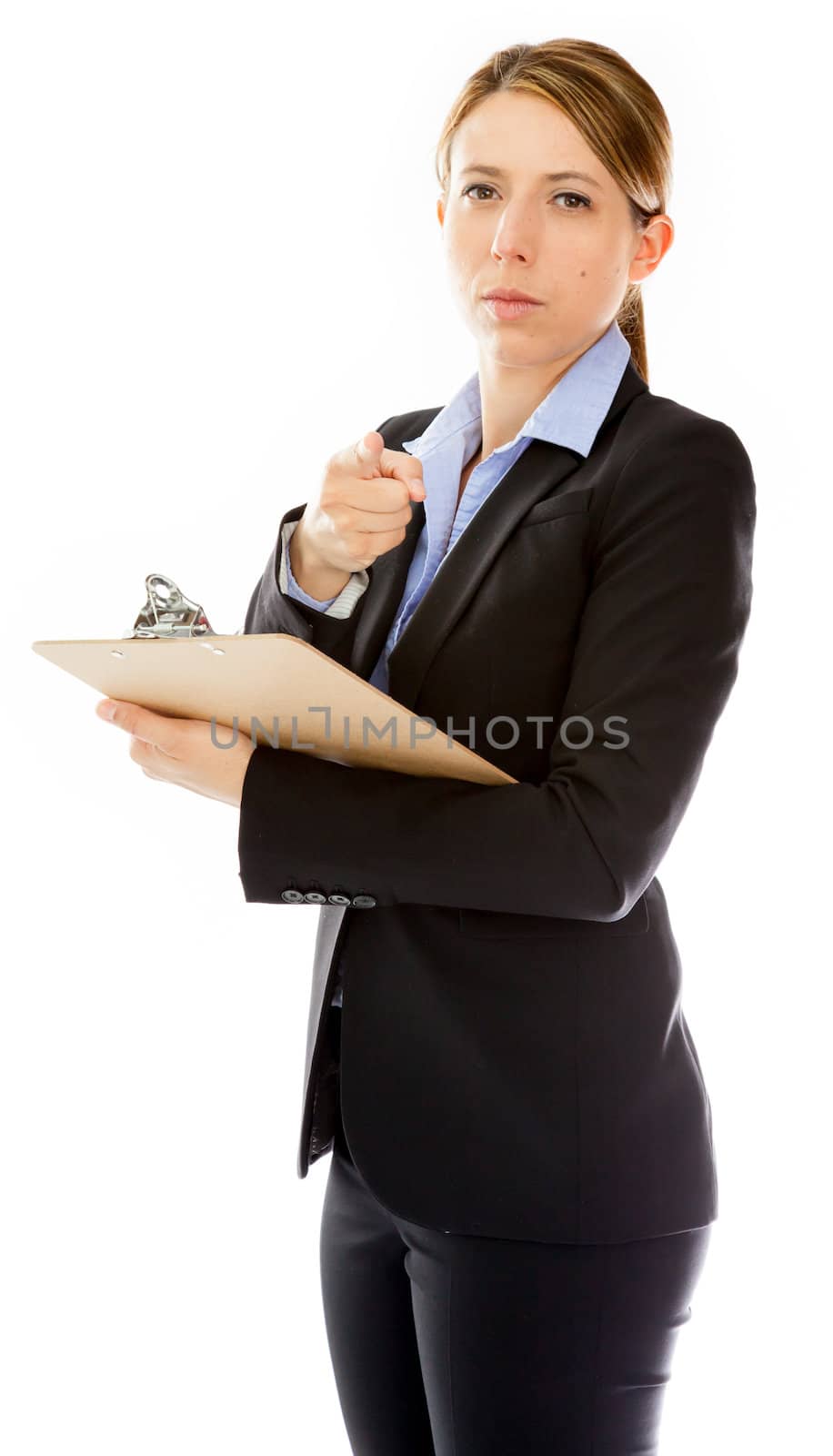 Attractive caucasion business woman in her 30s shot in studio isolated on a white background