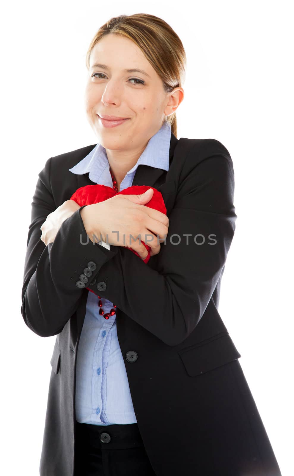 Attractive caucasion business woman in her 30s shot in studio isolated on a white background