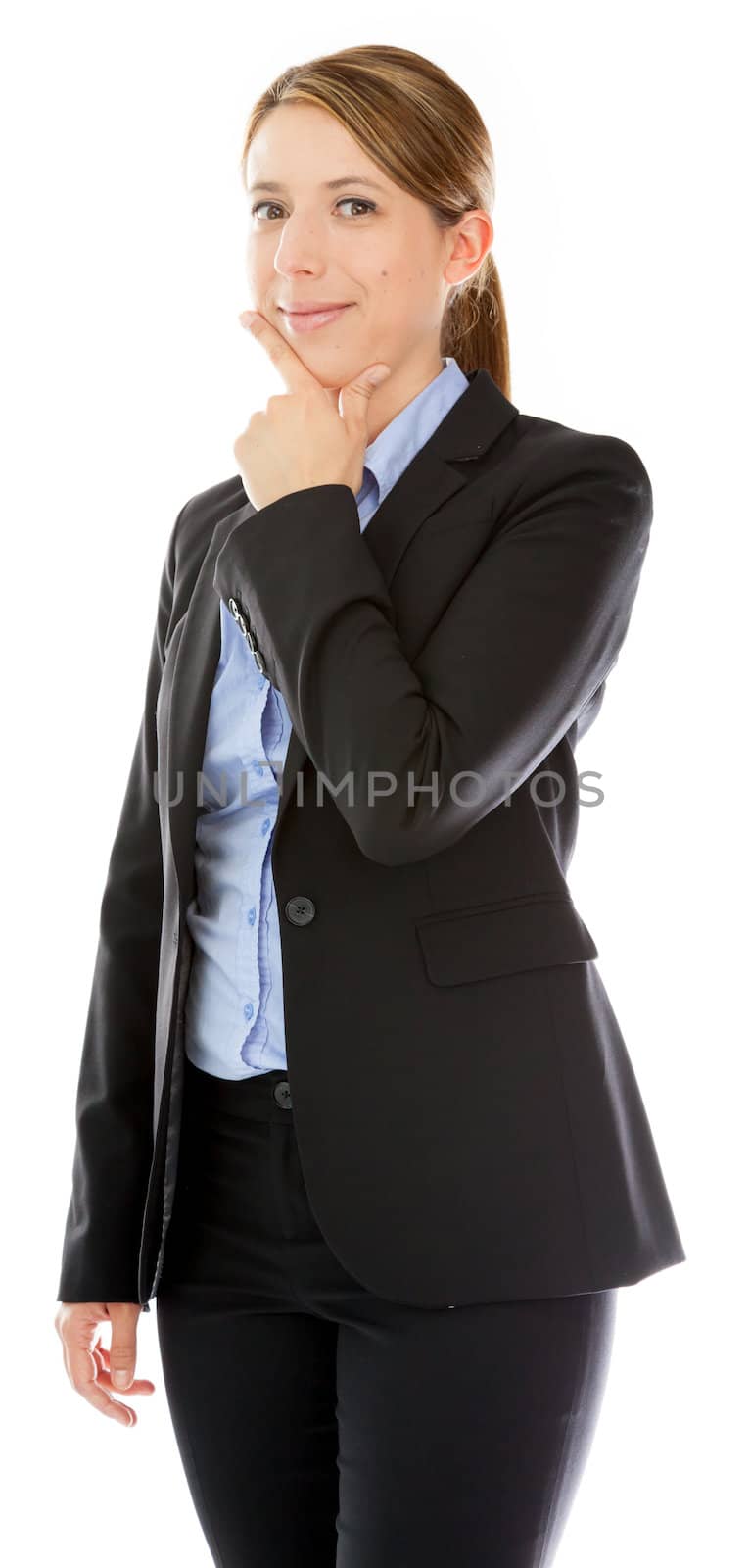 Attractive caucasion business woman in her 30s shot in studio isolated on a white background