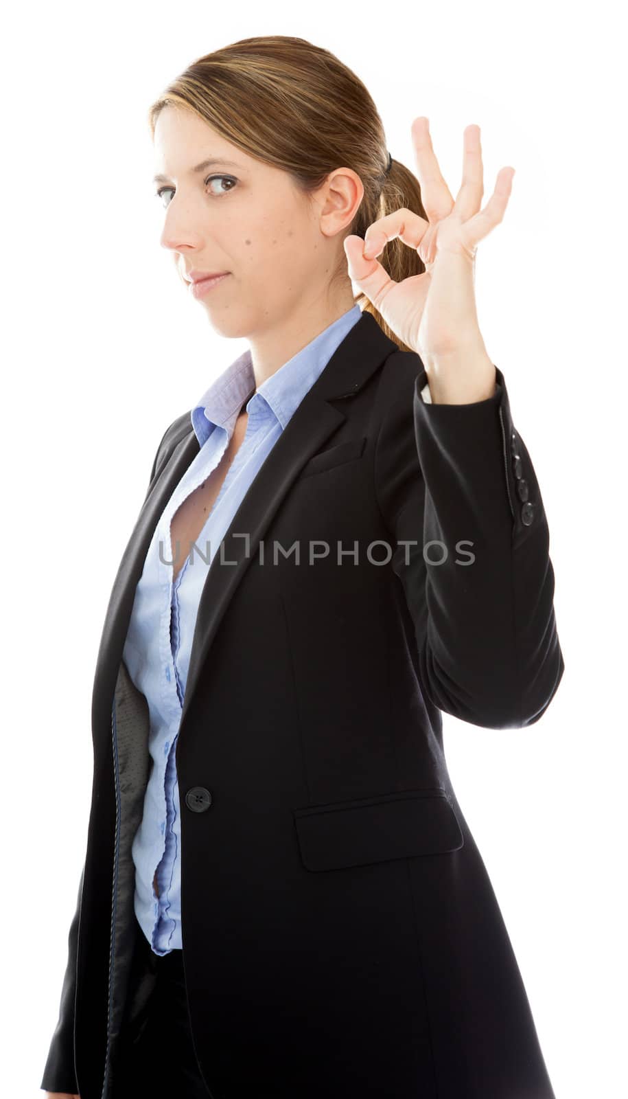 Attractive caucasion business woman in her 30s shot in studio isolated on a white background