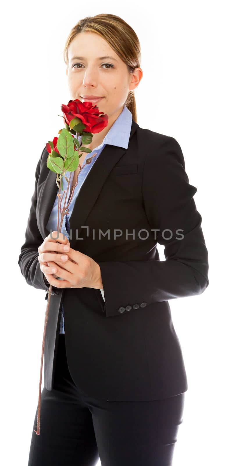 Attractive caucasion business woman in her 30s shot in studio isolated on a white background