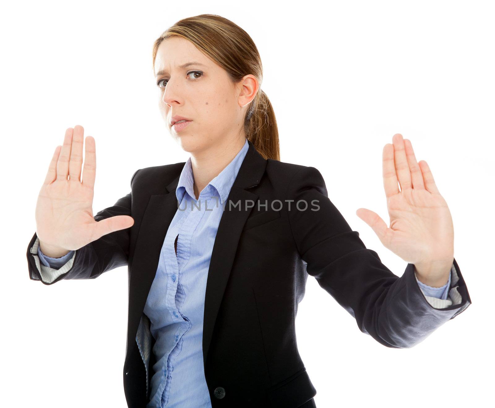 Attractive caucasion business woman in her 30s shot in studio isolated on a white background