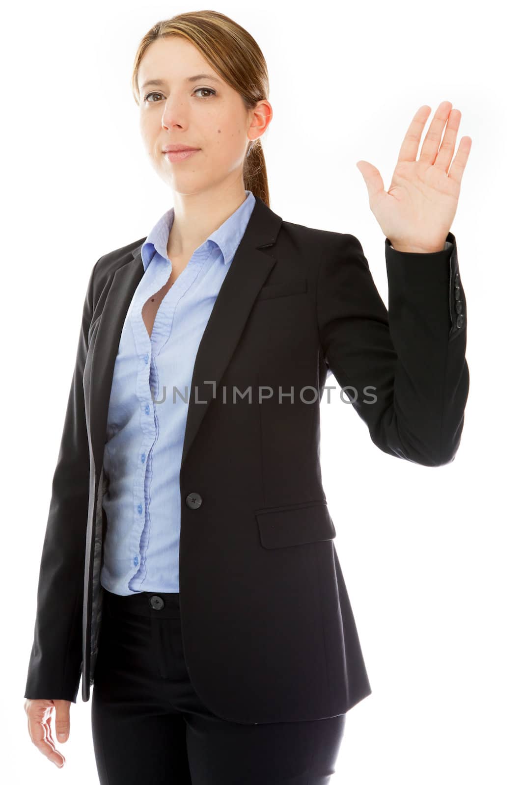 Attractive caucasion business woman in her 30s shot in studio isolated on a white background