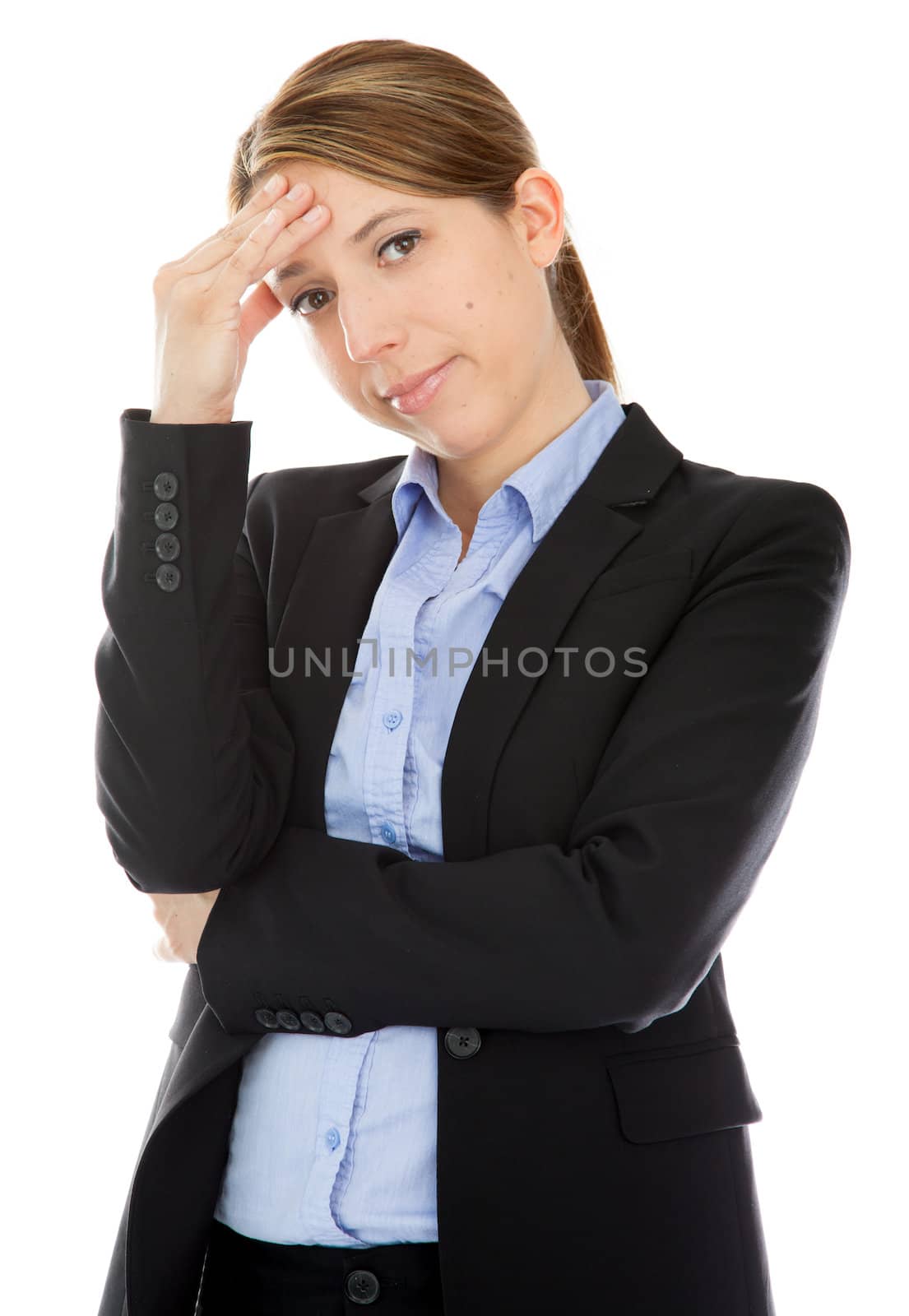 Attractive caucasion business woman in her 30s shot in studio isolated on a white background