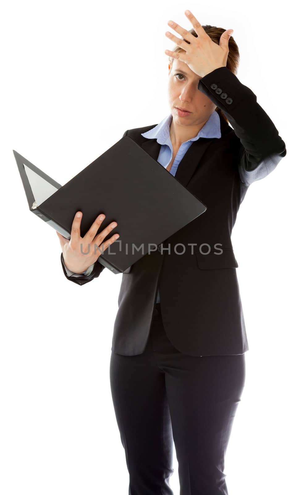 Attractive caucasion business woman in her 30s shot in studio isolated on a white background