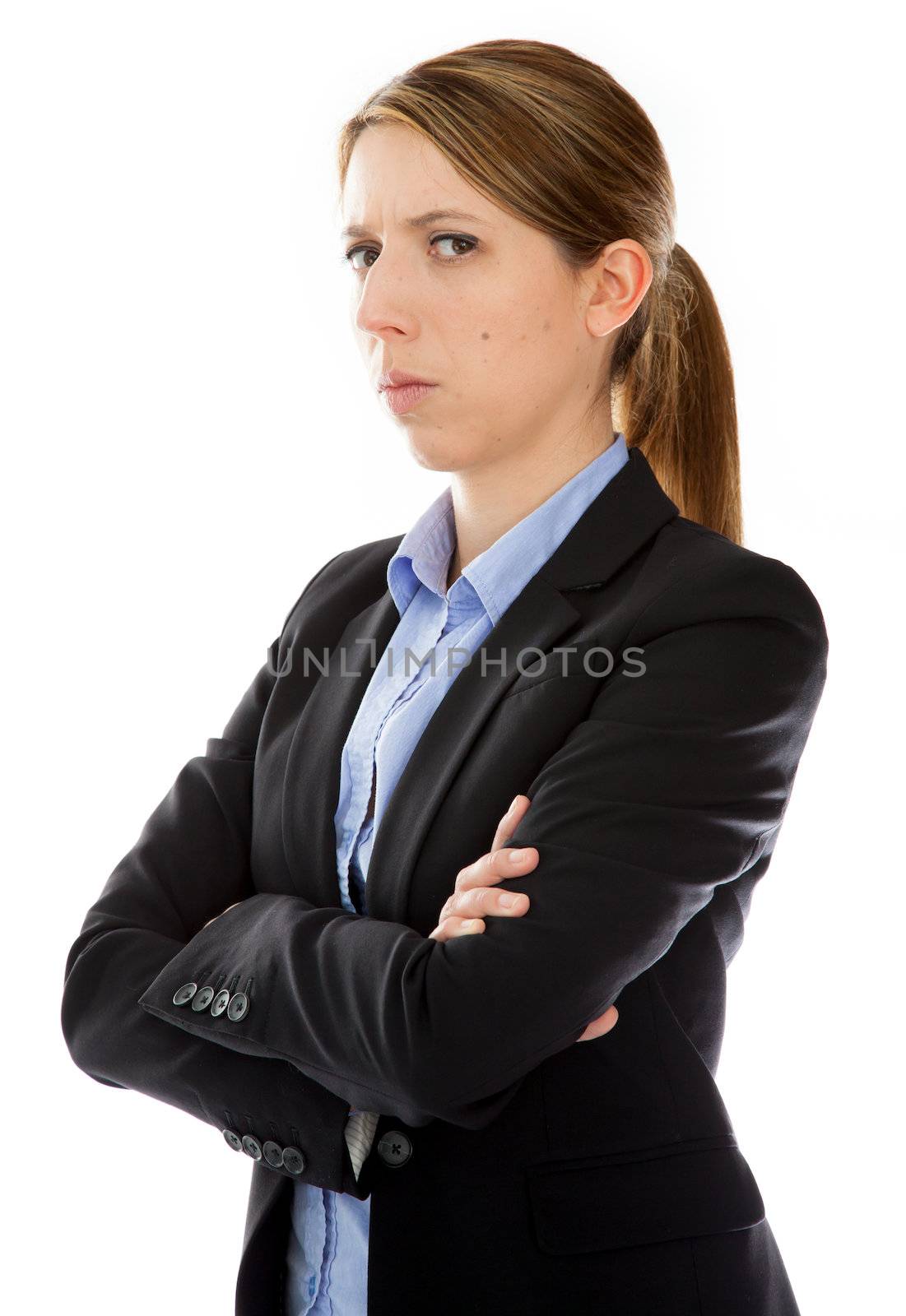 Attractive caucasion business woman in her 30s shot in studio isolated on a white background